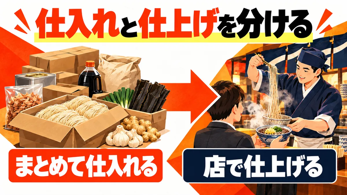 大量仕入れと店舗の仕上げの分担を説明する