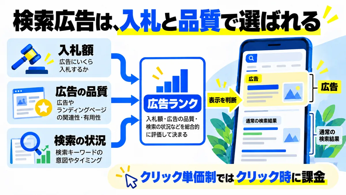入札・品質・検索の状況と表示判断の関係を示す