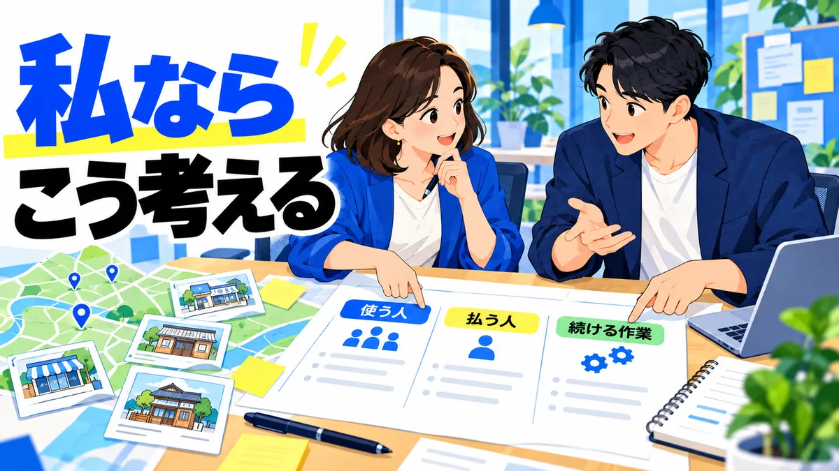 読者が一枚の紙に利用者・支払者・維持する作業を書く場面を示す