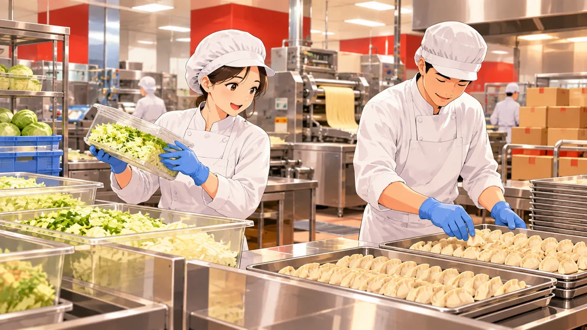 工場で野菜と餃子を準備する担当者