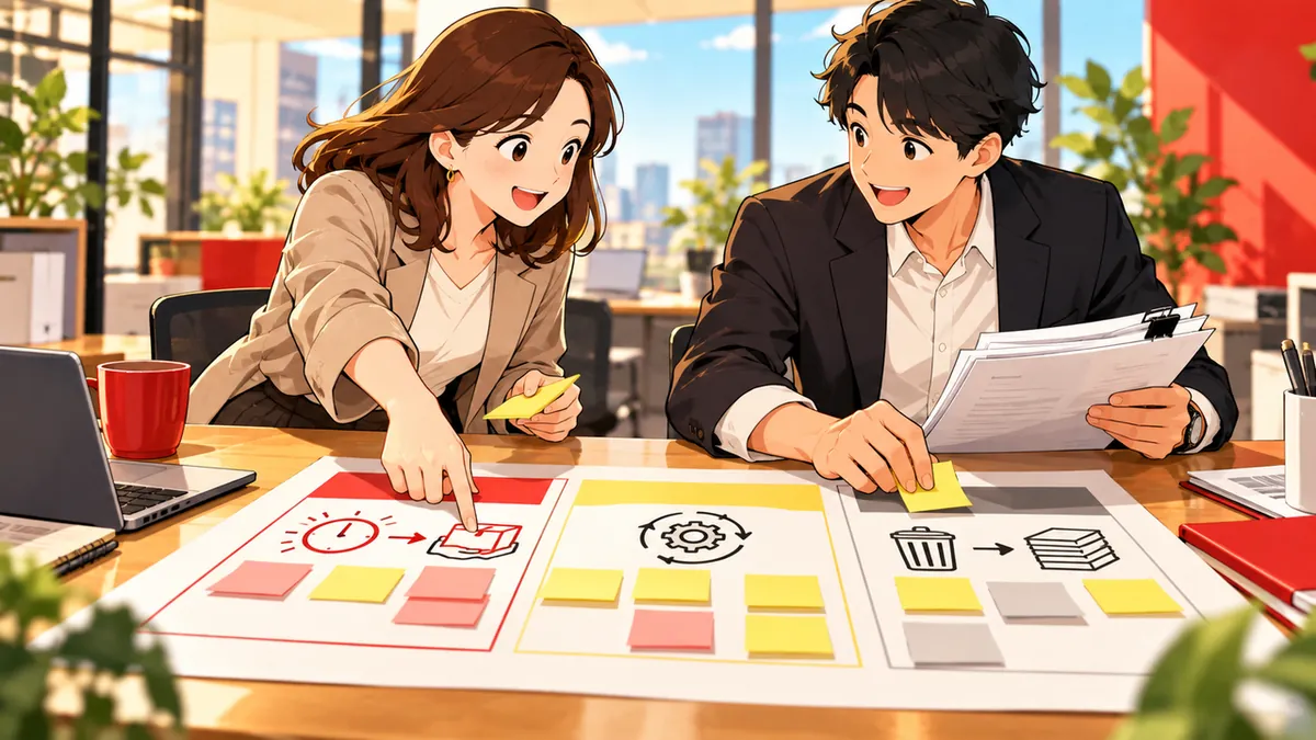 一枚の紙に付箋を並べ、顧客の便利さと業務効率を考える担当者