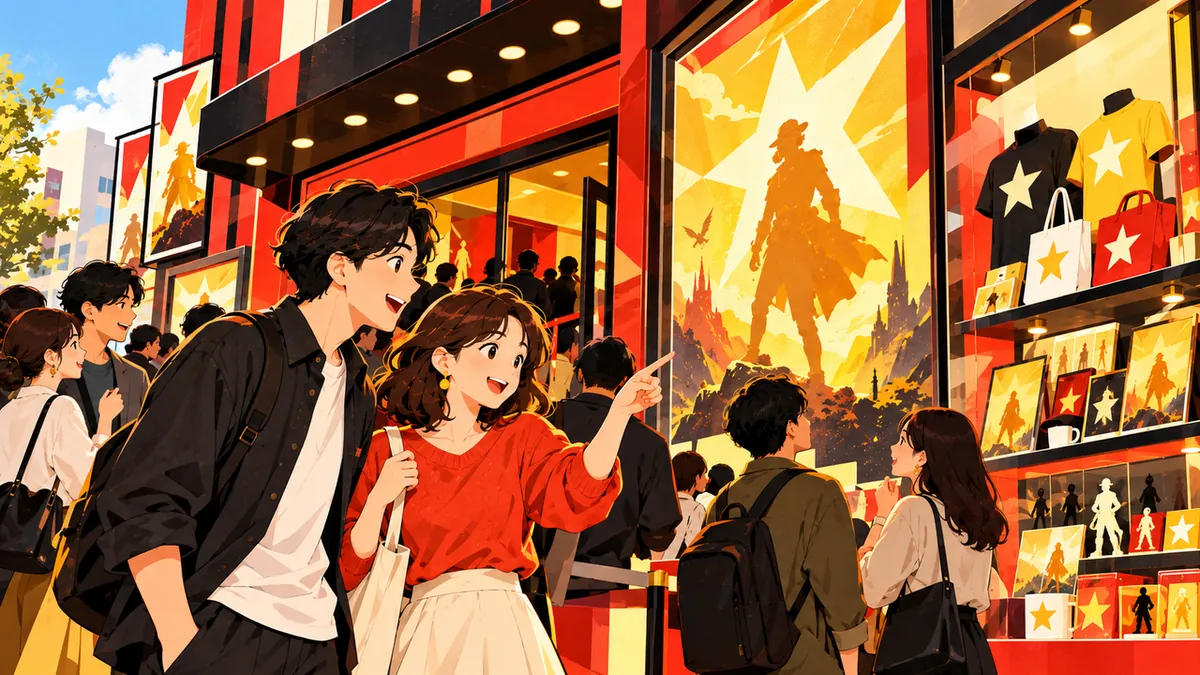 導入。街の映画館の前で、20〜40代の男女が抽象的な冒険映画のポスターと星模様のグッズを眺め、興味を持って話している。ゲームを買う前の出会いを象徴。