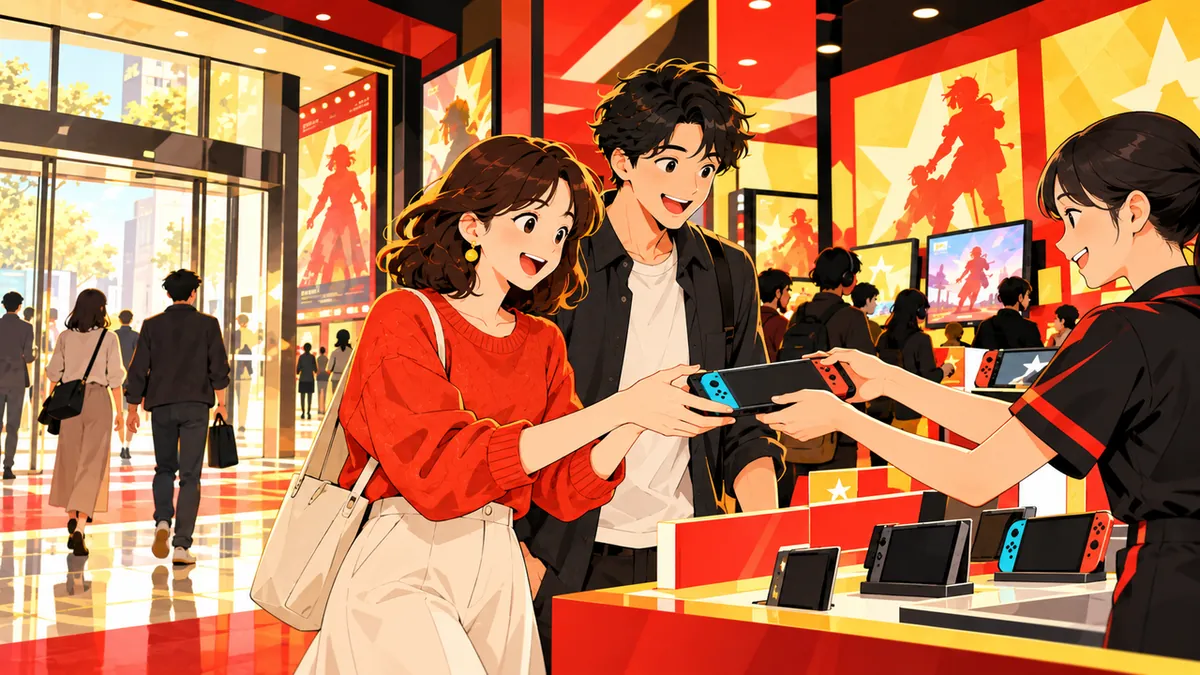 視点1。映画を見終えた大人二人が明るいホワイエを出て、隣のゲーム体験コーナーに立ち寄り、スタッフから携帯ゲーム機を受け取る。外の入口から体験へ進む場面。
