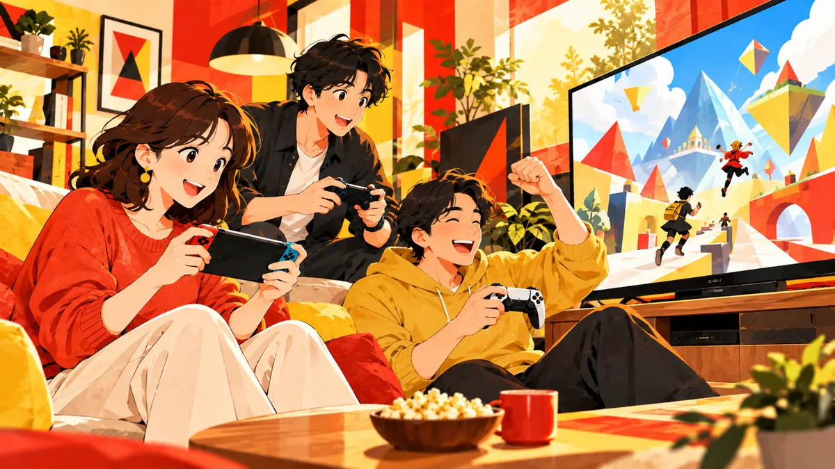視点2。リビングで大人3人が、テレビと携帯ゲーム機とコントローラーで一緒に遊ぶ。画面は抽象的な山・空・幾何学図形。道具とゲーム体験の組合せ。
