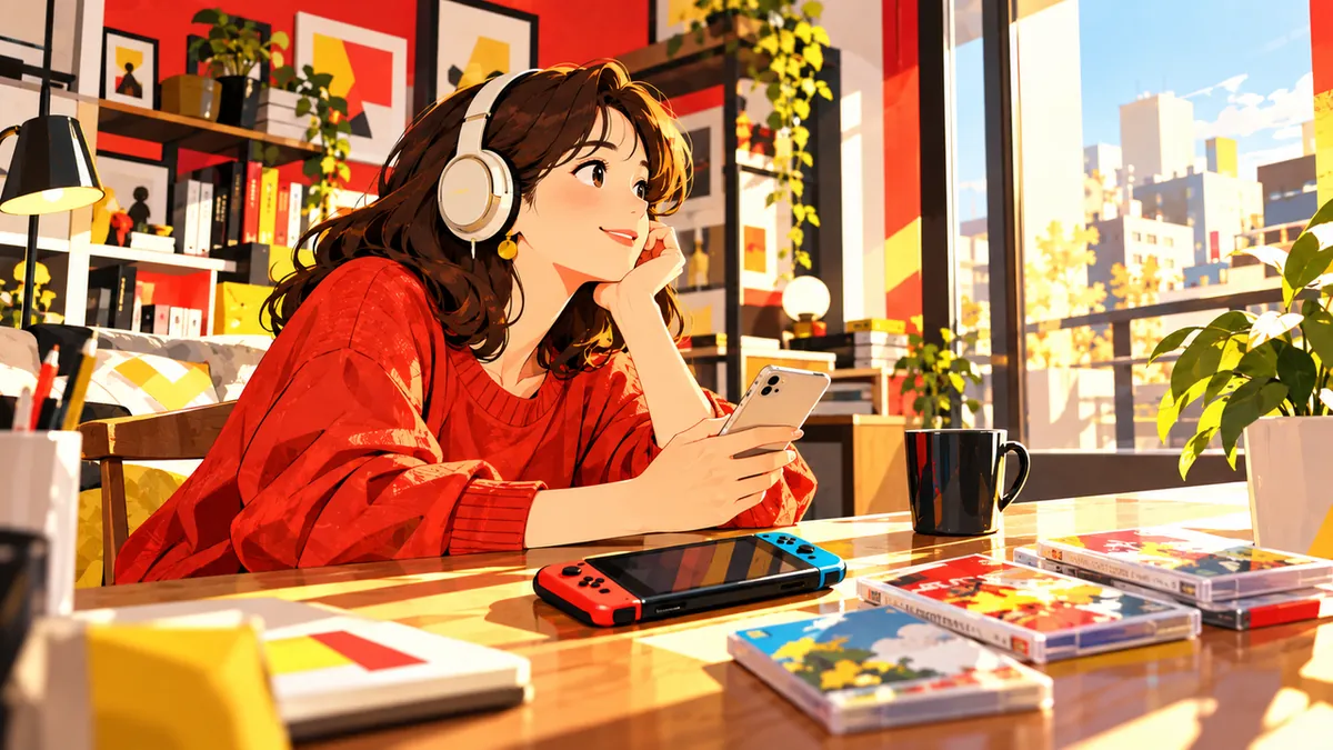 視点3。大人女性が窓辺でヘッドホンとスマートフォンで音楽を聴き、机に携帯ゲーム機とゲームのケースがある。日常の中で遊んだ記憶を楽しむ場面。