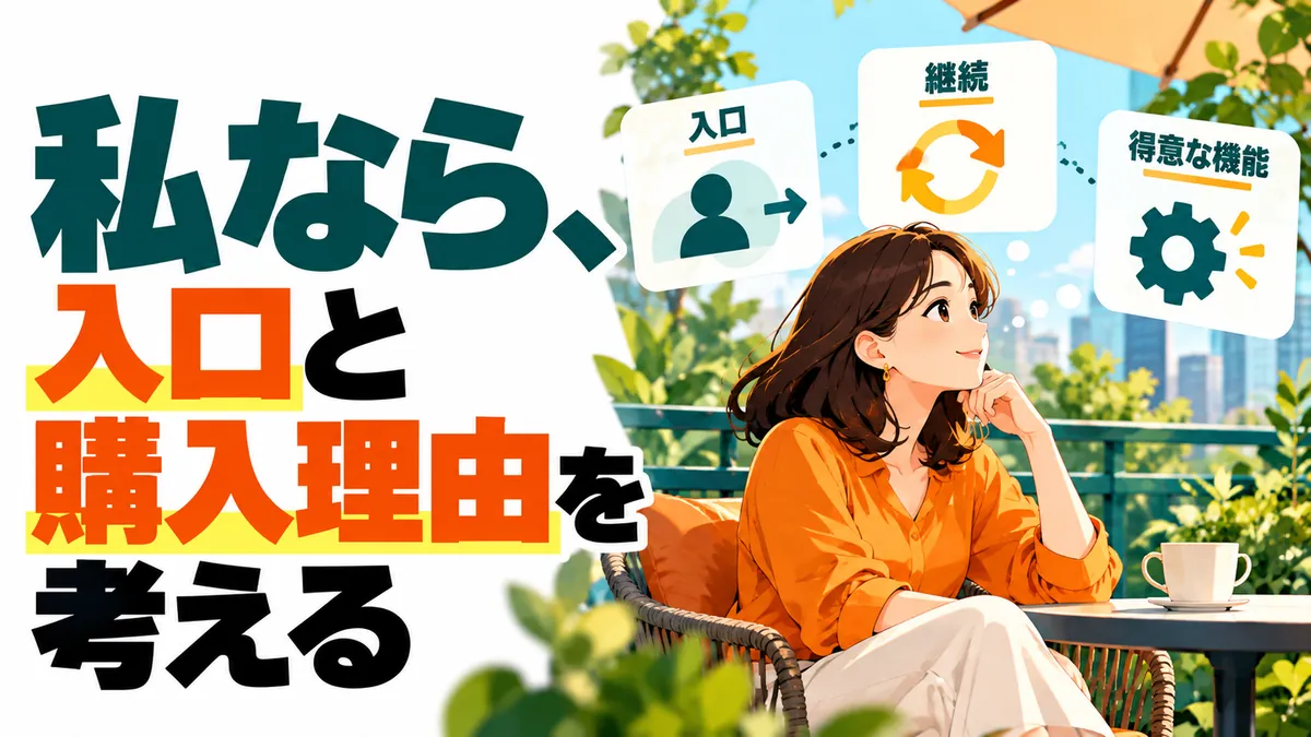 短い見出し『私なら、入口と購入理由を考える』。仕事の合間のテラスで大人の企画担当者が椅子に座り、手を顎に軽く添えて頭の中で考えている