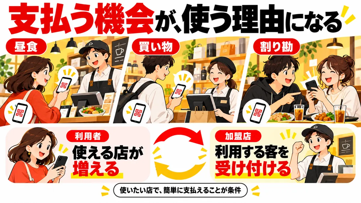 繰り返す支払いと利用者・加盟店双方の参加を伝える