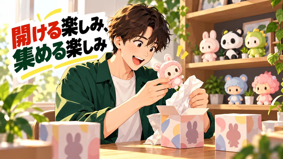 箱を開ける成人と集めた玩具。説明用イラスト。