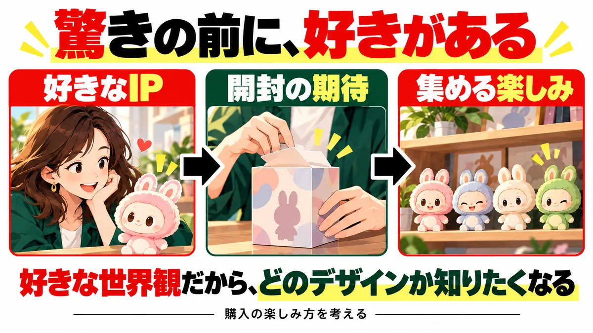 好きなIP、開封の期待、集める楽しみを順に示す考察図