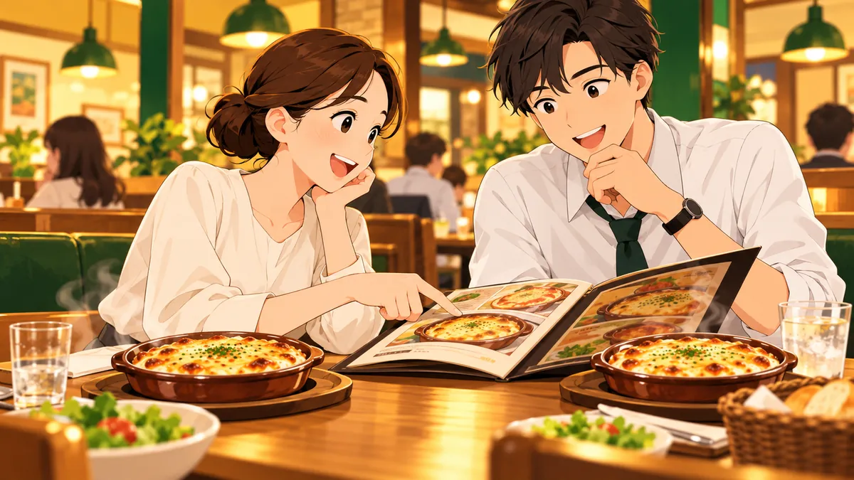 仕事帰りに料理を選ぶ場面を伝える