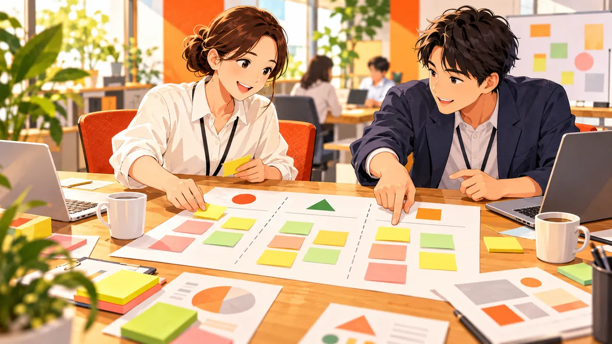 一枚の紙に付箋を並べ、業務の共通化を考える担当者