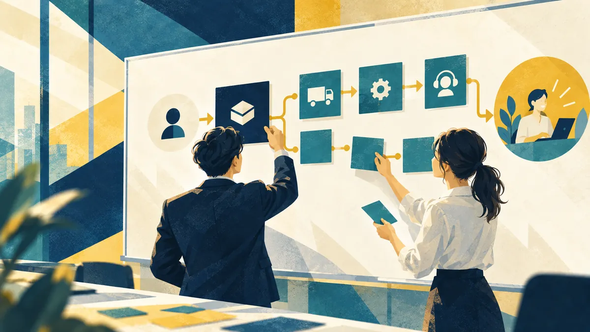 自社の強みと顧客の成果を結ぶ企画を話し合う場面