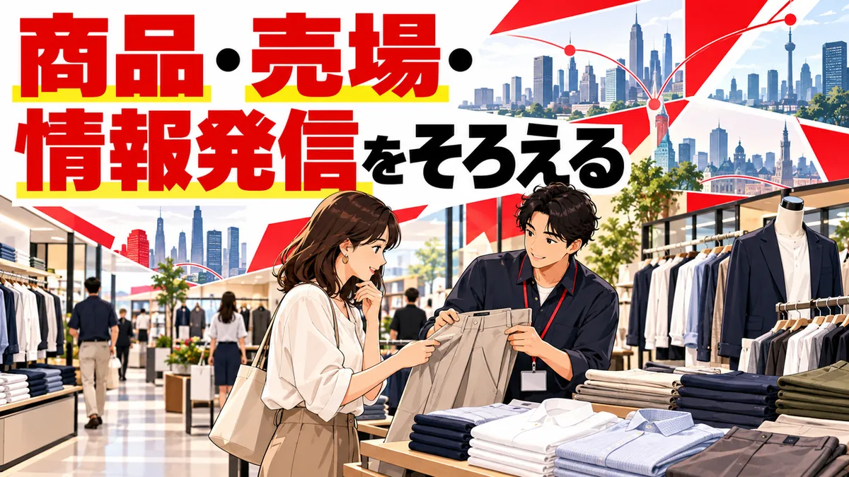 商品と売場と説明をそろえる場面を伝える