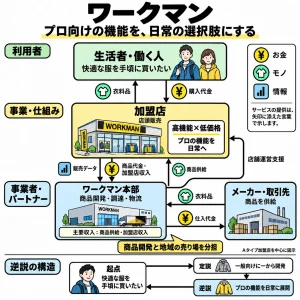 Aタイプ加盟店を中心にしたワークマンの商品・代金・販売データと店舗支援の流れ