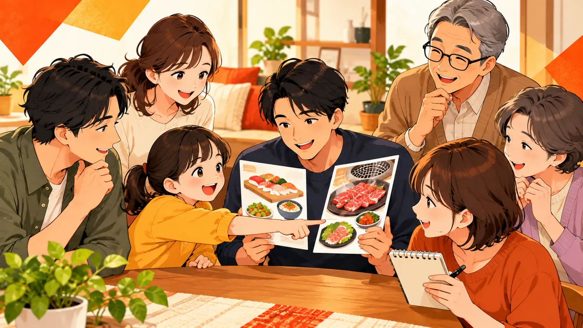 家族や友人がそれぞれの好みと予算を考えながら食事を選ぶ