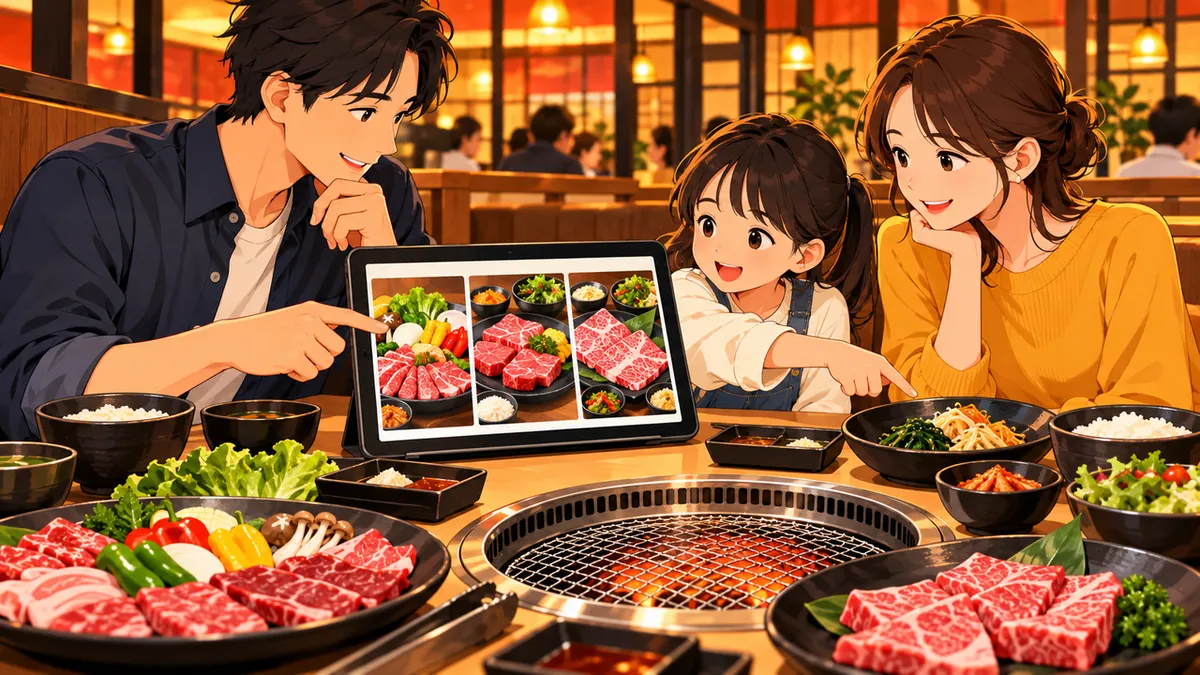 家族がタブレットの料理写真を見ながら食べ放題コースを選ぶ