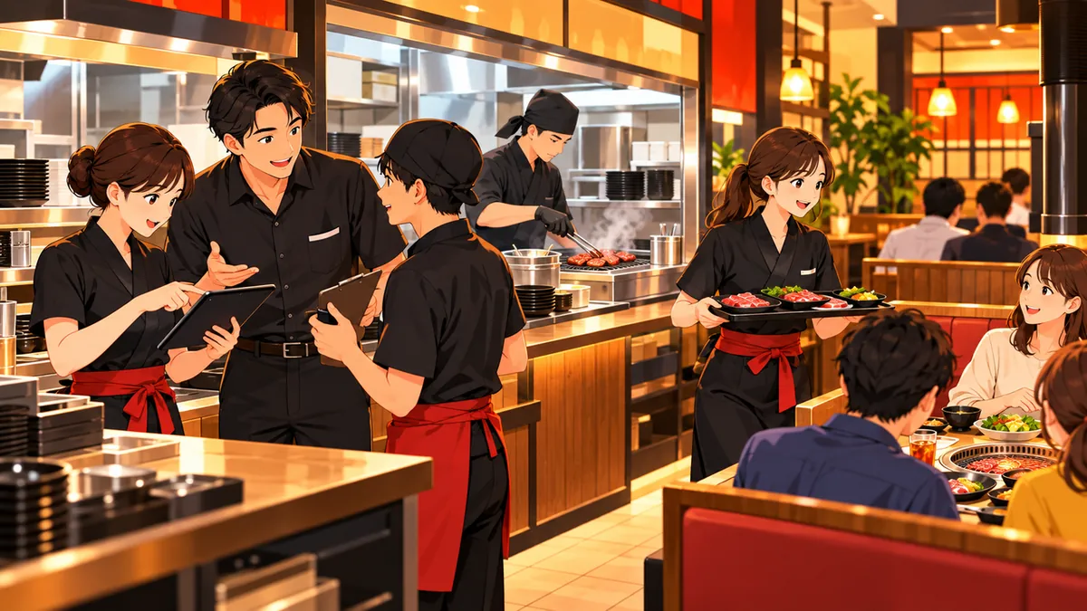 店舗責任者とスタッフが注文から調理・配膳の流れを確認する