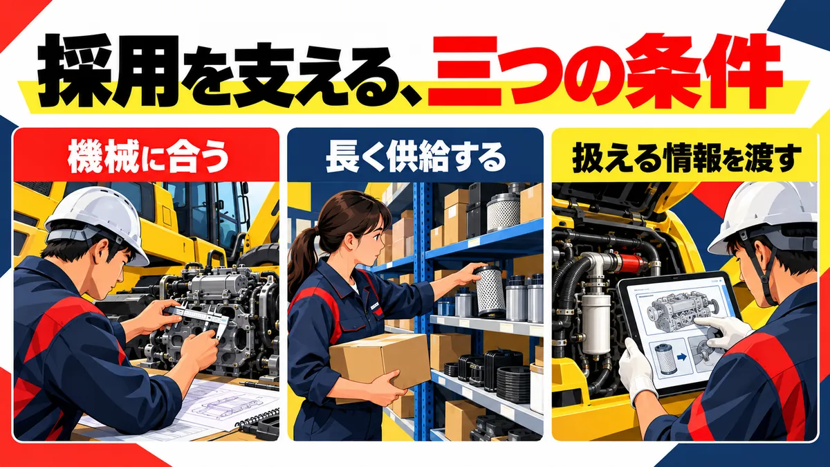 適合・長期供給・技術情報という採用条件